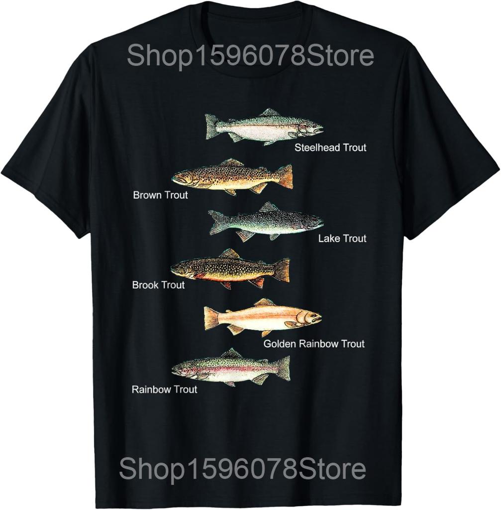 Funny Colorful Trout In A Row For Fishing Graphic T Shirts Men Women Pure Cotton Humor Tee Short Sleeve Unisex Loose Clothing