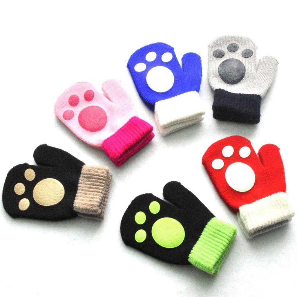 Children Short Gloves Winter Baby Footprint Knitted Plush Furry Full Finger Mittens Autumn Knitting Hand Warmer 1-4 Years Old