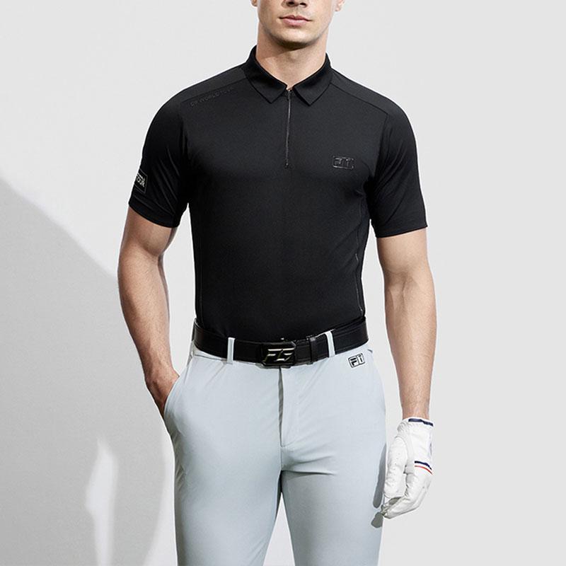 FILA Golf Series Letter Print Knitted Golf Elite Short Sleeve Polo Shirt Men Polo Shirts Deep-Black A11M415104F-BK