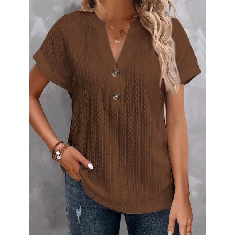 Spring Summer Women's Fashion Casual Solid Color Button V-neck T-Shirts Women’s