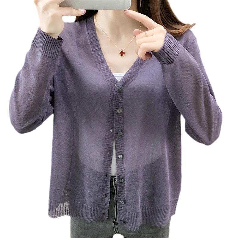 Spring and summer outer long-sleeved thin loose sunscreen top fashionable foreign style solid color simple V-neck ice silk knitted sweater women