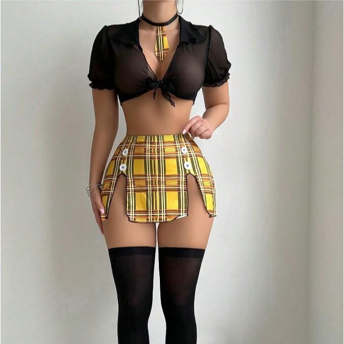 Sexy Lingerie Passion Temptation Uniform Top Plaid Short Skirt Thong Three-piece Set