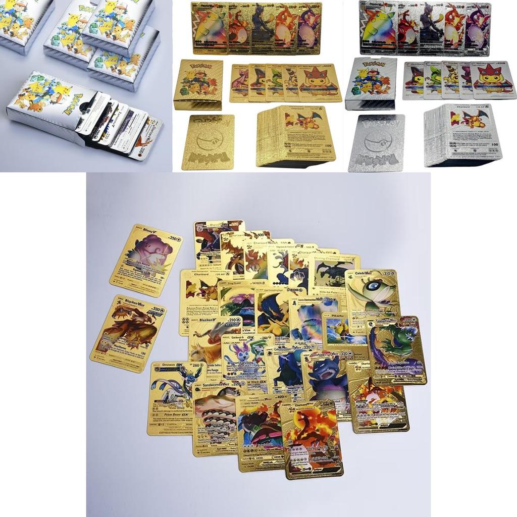 Błyszczące Karty Pokemon Metalowe Złote Karty Energii Kolekcja z Charizardem i Pikachu