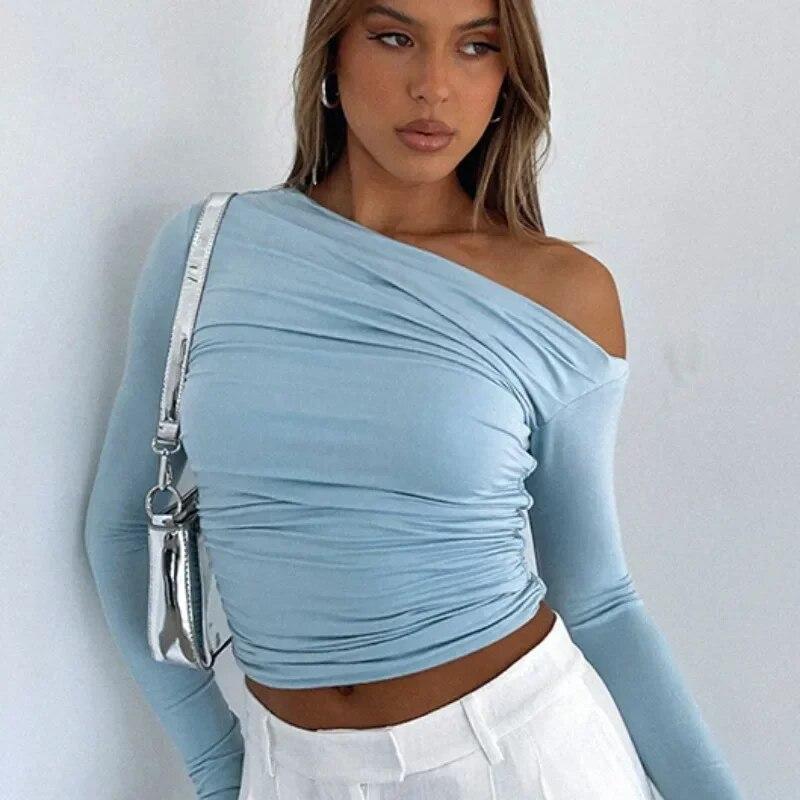 Podzimní jednobarevné tričko Móda Ženy Ležérní Skládaná košile s dlouhým rukávem Sexy topy Ženy Měkká trička Dámské oblečení 29847