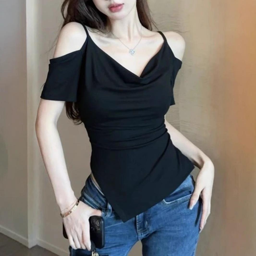

Тонкая и стройная и простая футболка с открытыми плечами, нерегулярный темперамент, сексуальная черная футболка с короткими рукавами, летний дизайнерский топ XL чёрный