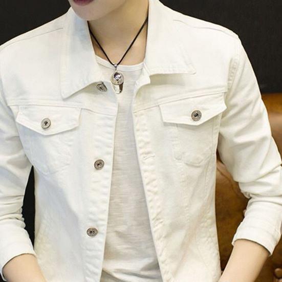 Men Spring Autumn Denim Jacket Solid Color Turn-down Collar Long Sleeve Slim Fit