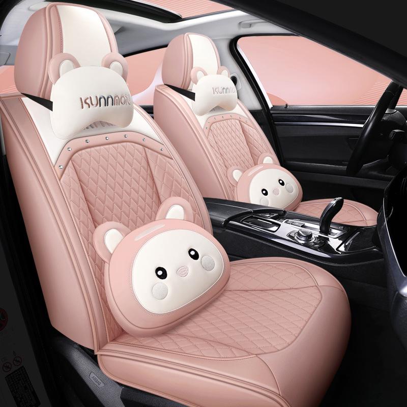Universal Cartoon Car Seat Cover – Cute, Full-Surround Cushion for Small Cars, Fits 5-Seat Models, All-Season Use.