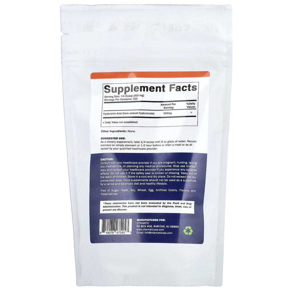 Vitamatic, Hyaluronic Acid Powder, Unflavored, 100g (3.5oz)