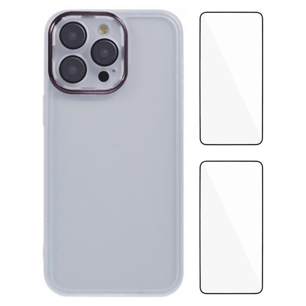 

WANLONFENG DKSM2 Series For iPhone 15 Pro Max Case TPU Clear Phone Cover with 2Pcs Screen Film/Electroplated Lens Frame Transparent White