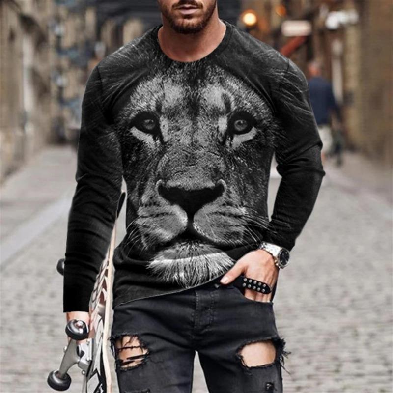 Funny 3D Lion Printed Long Sleeve T-shirt Fashion Animal Pattern Men's Tops Casual O-neck Oversized Pullover Autumn Men Clothing