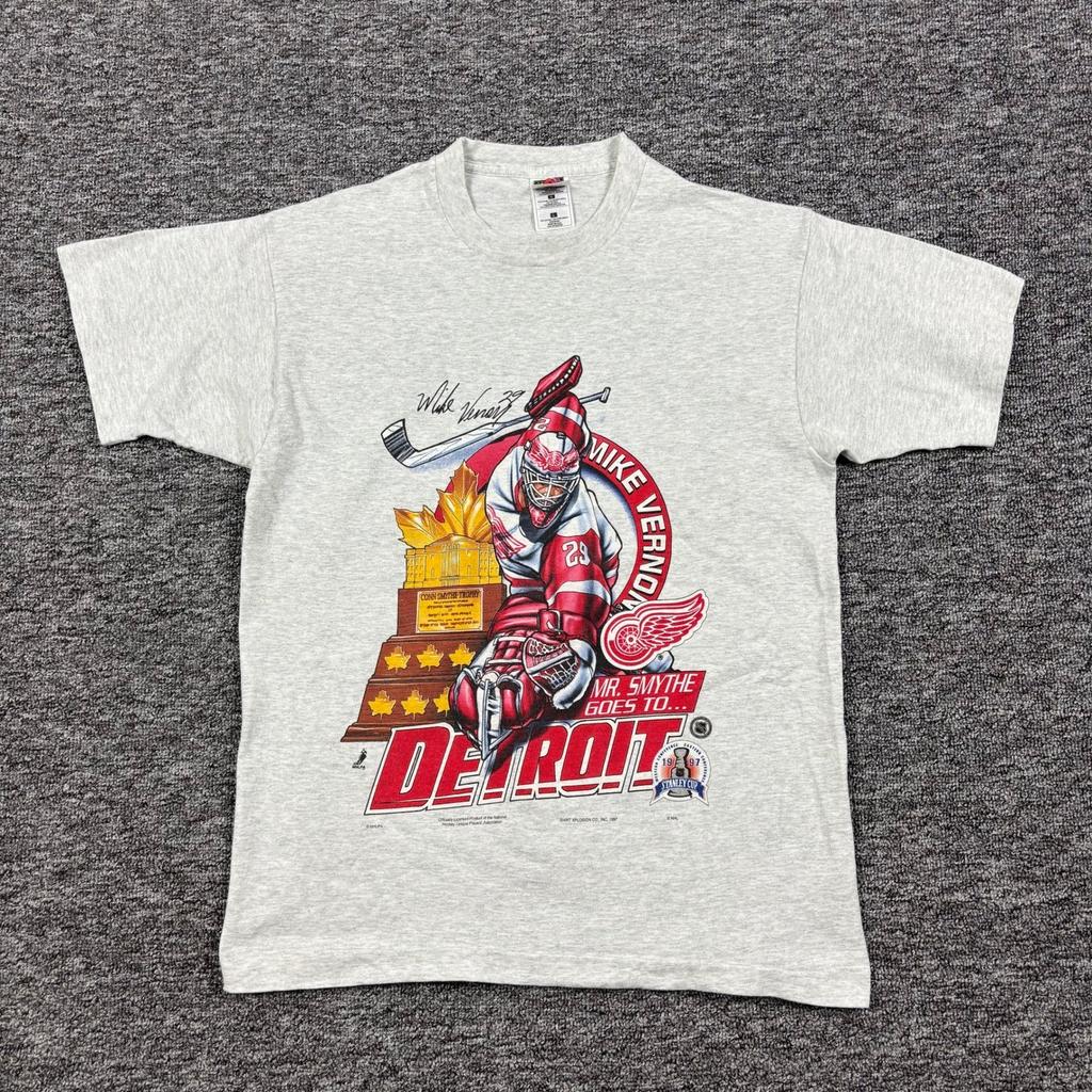 Vintage 1997 Fruit of the Loom NHL Detroit Red Wings Mike Vernon T-Shirt Grau L Unisex T-Shirt