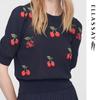 ELLASSAY Women's Retro Cherry Logo Hand-Knitted Short Sleeve Round Neck Sweater