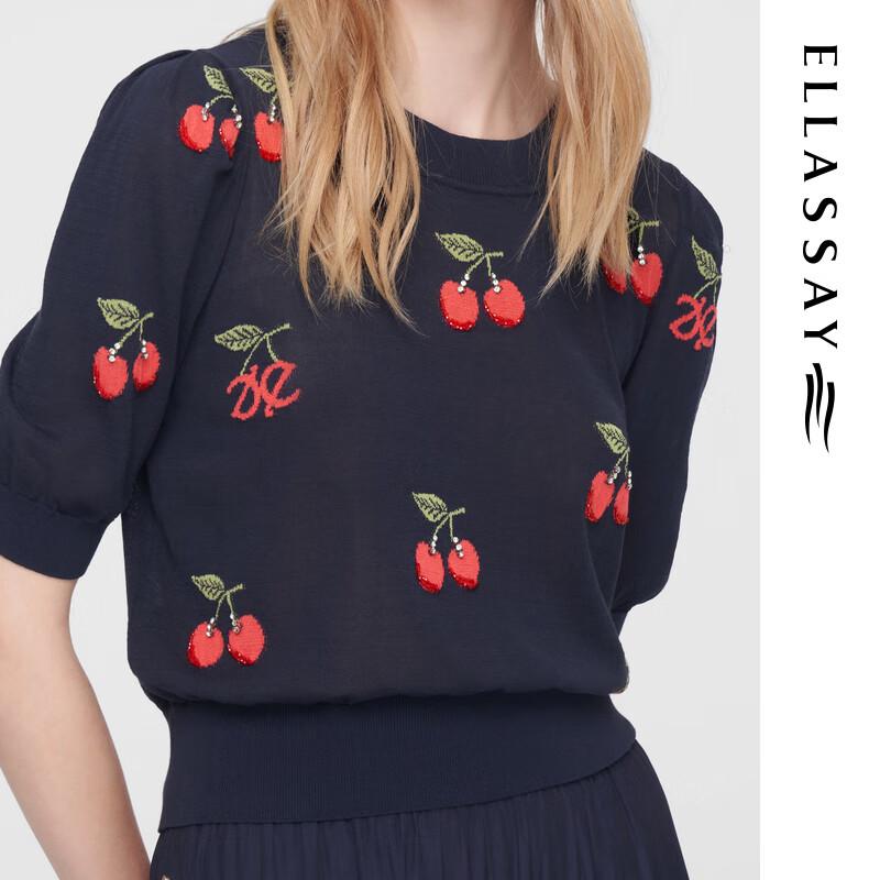 ELLASSAY Women's Retro Cherry Logo Hand-Knitted Short Sleeve Round Neck Sweater