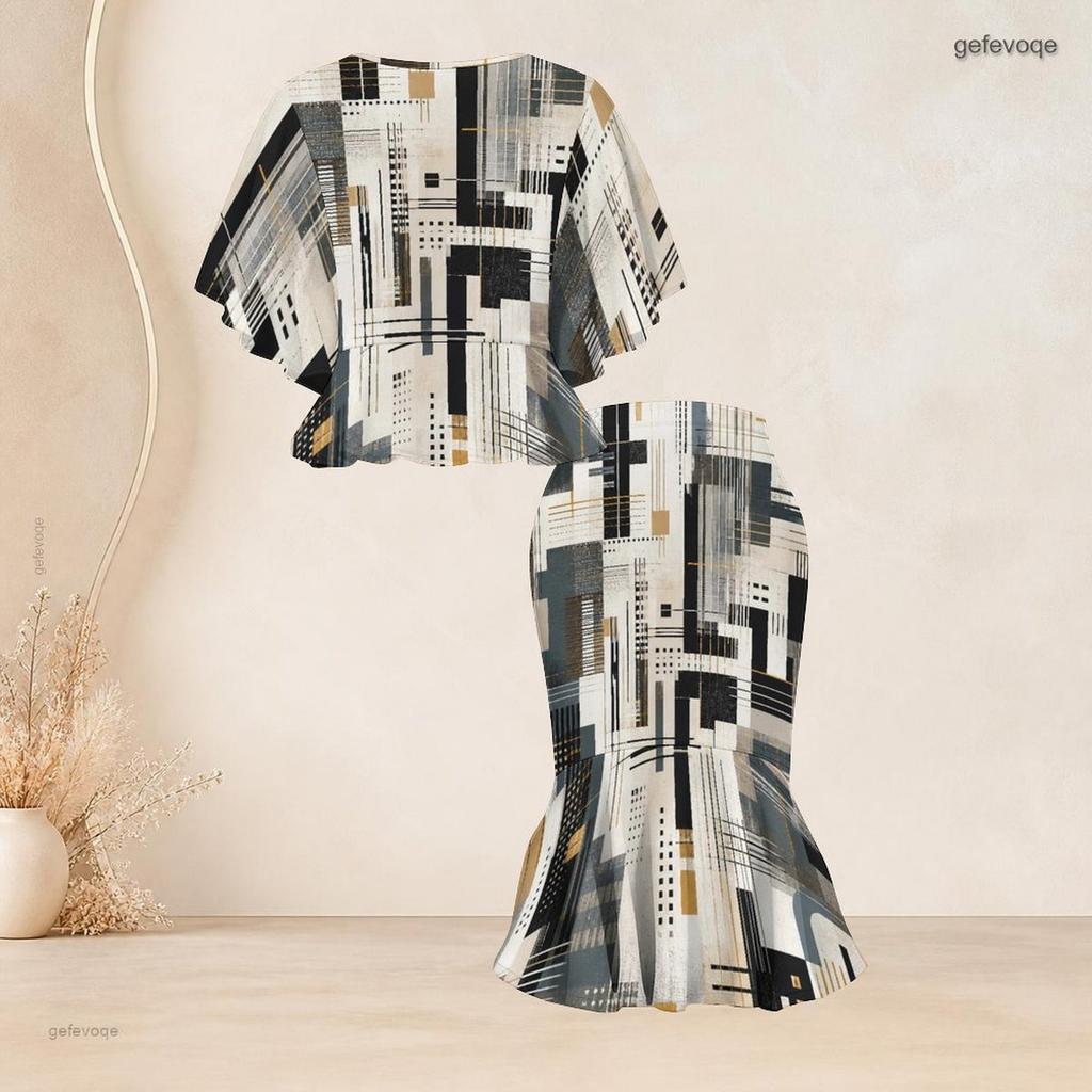 Women Plus Size Round Neck Batwing Sleeve Printed Ruffle Hem Top Fishtail Skirt Two Piece Set