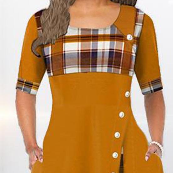 Enaguas de Señora Talla Grande Vestido de Verano Patchwork Estampado a Cuadros Poliéster Señoras Hermoso Vestido de Mujer para Viaje