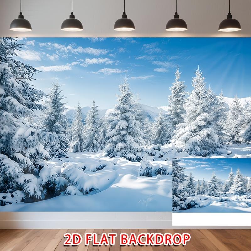 2D Flat Party Backdrop Banner - Snow Theme with Snow-Covered Pine Trees & Blue Sky, Polyester Photo Background for Wedding, Birthday & Family Party
