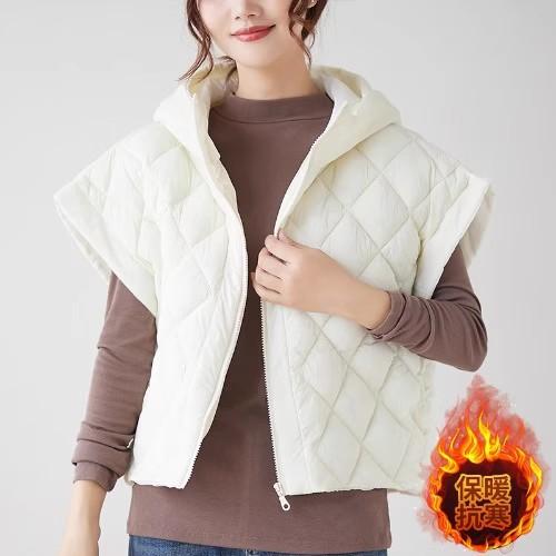 

Design sense high-end white duck down down vest women s 2025 autumn and winter fashion flying sleeve hooded rhombus vest jacket S