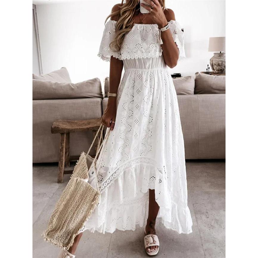 Abito Lungo Bianco Bohemien da Donna Manica Corta Scollo a Barca Pizzo Ruffle Ampio Abito Estivo Vacanza Spiaggia Abiti Casual Femminile