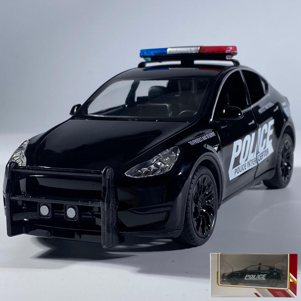1:24 Model Y Policie Slitina Tlakově litý Model Auta Zvuk & Světlo Pull Back Vysoká Simulace Ozdoba Vnitřní Stolní Dekorace Hobby Chlapec