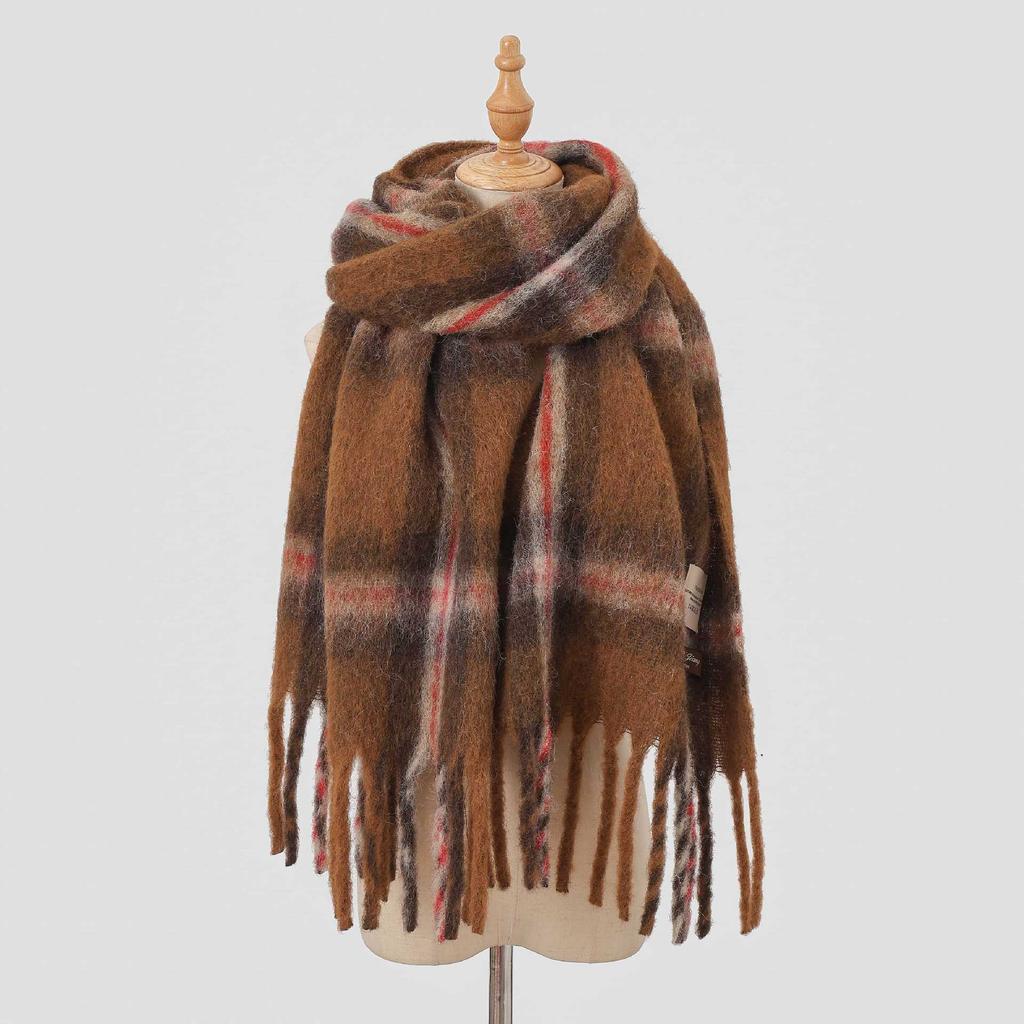 Autumn and winter wool plaid scarf women's high-end imitation cashmere versatile simple warm thickened fringed scarf