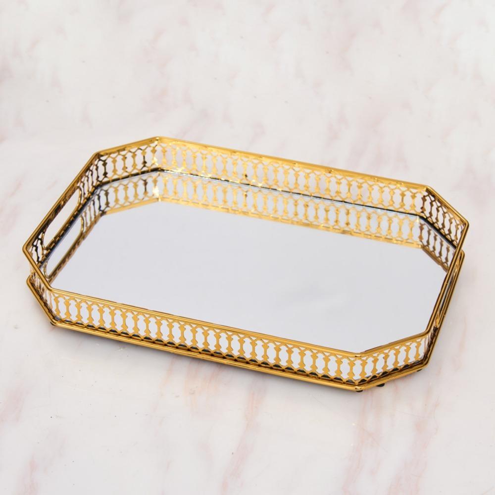 Gold Metal Jewelry Tray Round Makeup Snack Tray European Mirror Storage Tray Bedroom Living Room