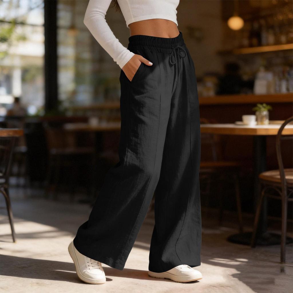 Women's Casual -Color High-Waisted Wide-Leg Drawstring Pants With Pockets
