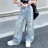 Jeans Strappati da Cowgirl per Bambina con Buco Stile Casual per Bambini Pantaloni in Denim Distrutto Primavera Autunno Bambino Abbigliamento High Street 5-14 Anni