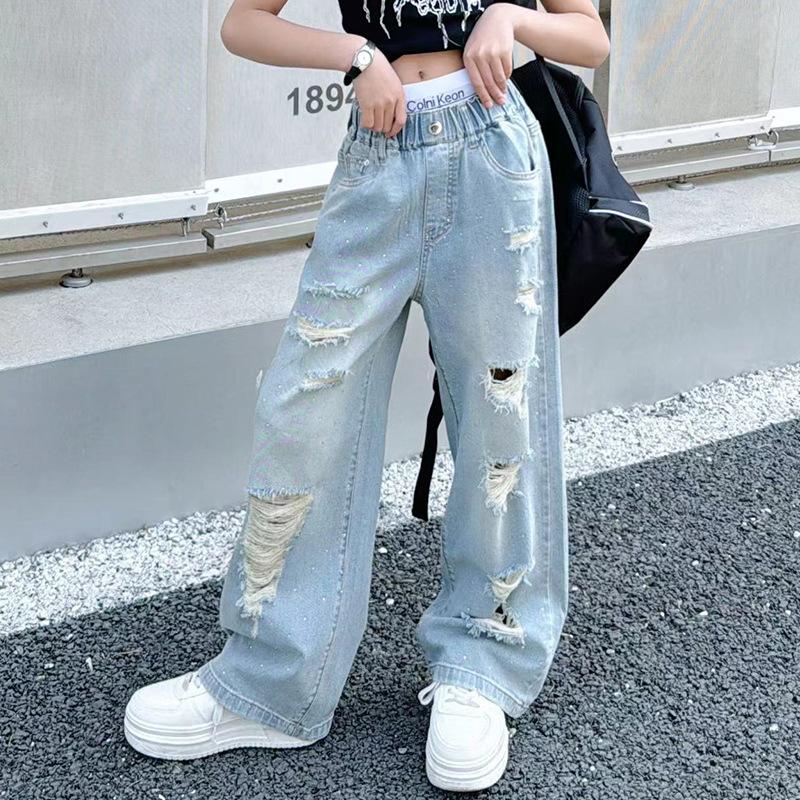 Jeans Strappati da Cowgirl per Bambina con Buco Stile Casual per Bambini Pantaloni in Denim Distrutto Primavera Autunno Bambino Abbigliamento High Street 5-14 Anni