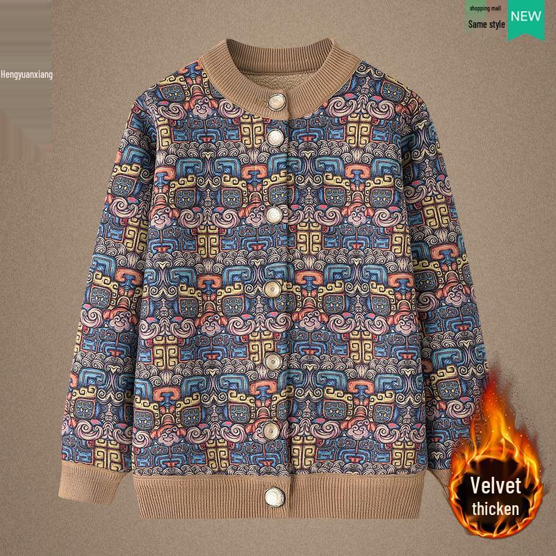 

Женское пальто Hengyuanxiang плюс вельвет для пожилых - Вязаный кардиган для осени/зимы 3XL for 120-135 jin