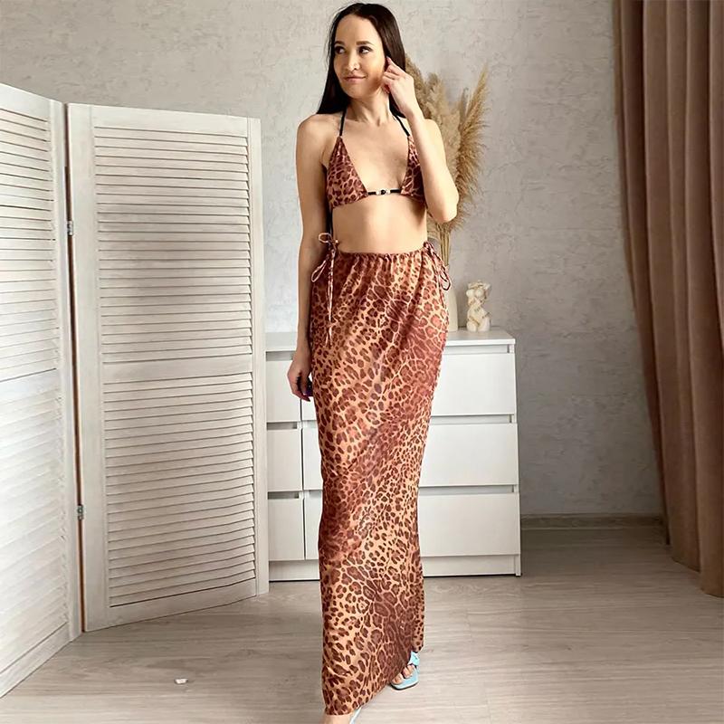 EDOLYNSA Sexy Leopard Print 3dílná sada bikin 2023 Summer Beach Wear Triangle Bikini Plavky S plážovou sukní Plavky Krycí A1554