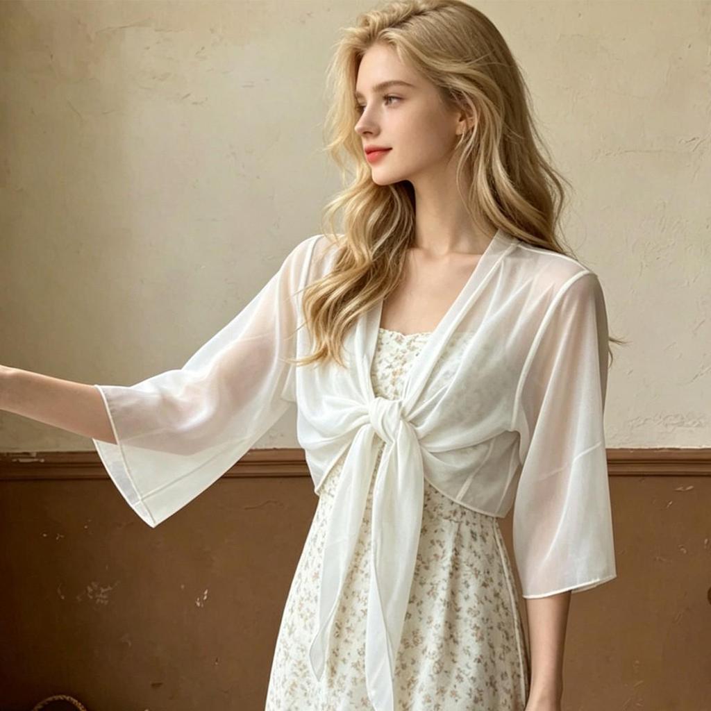 Women's White Ice Silk Sun Protection Shawl - Summer Lace-Up Gauze Top