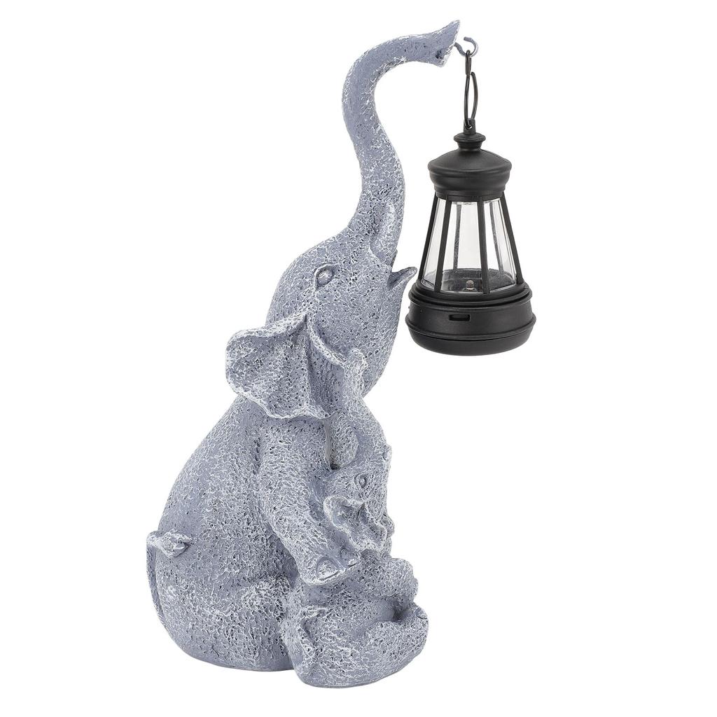 Solar Outdoor Garden Statues Lights Mother Cute Toddler Elephant Figurines with Solar Lantern Decor