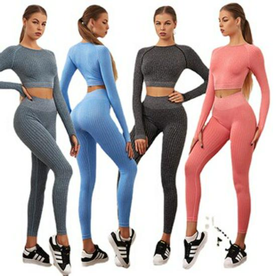 Seamless Knit Quick-Dry Running and Yoga Long Sleeve Set with Slim Fit Pants