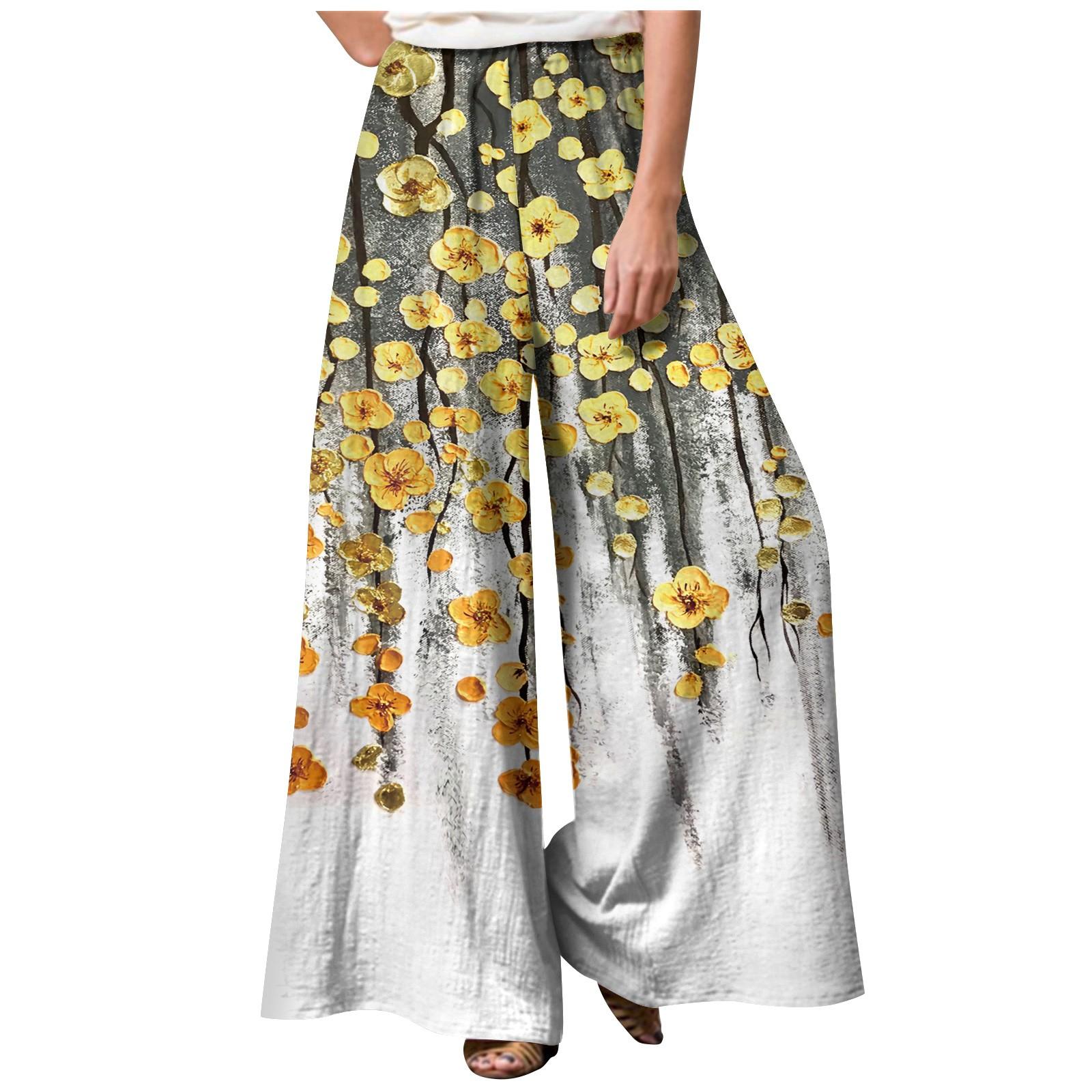 

Женские широкие брюки с принтом, повседневные эластичные брюки с прямой талией и высокой талией, эластичные брюки XXXL жёлтый