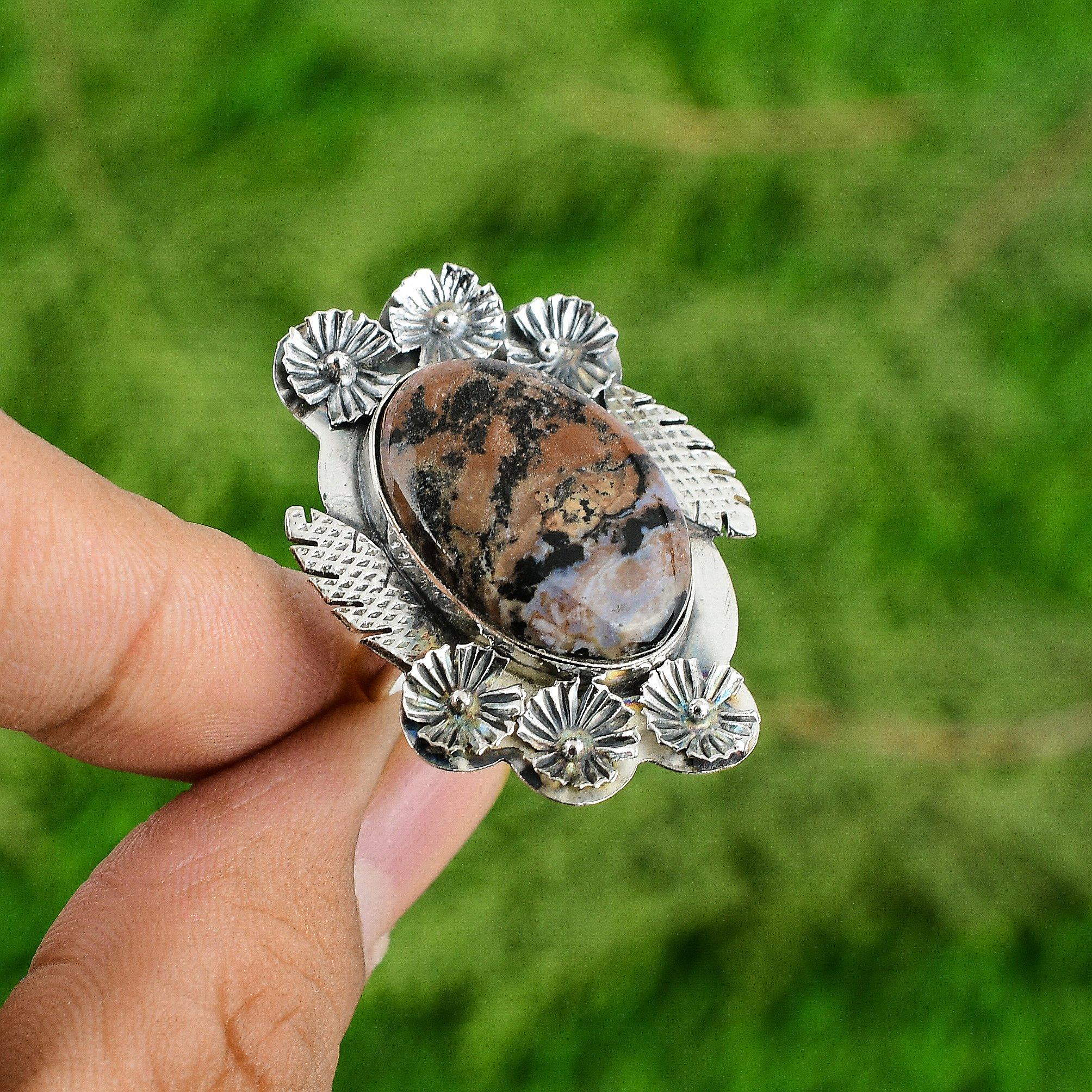 

Натуральный Медовый Дендритовый Опал Серебро 925 пробы Цветок Регулируемое Кольцо для Женщин Adjustable