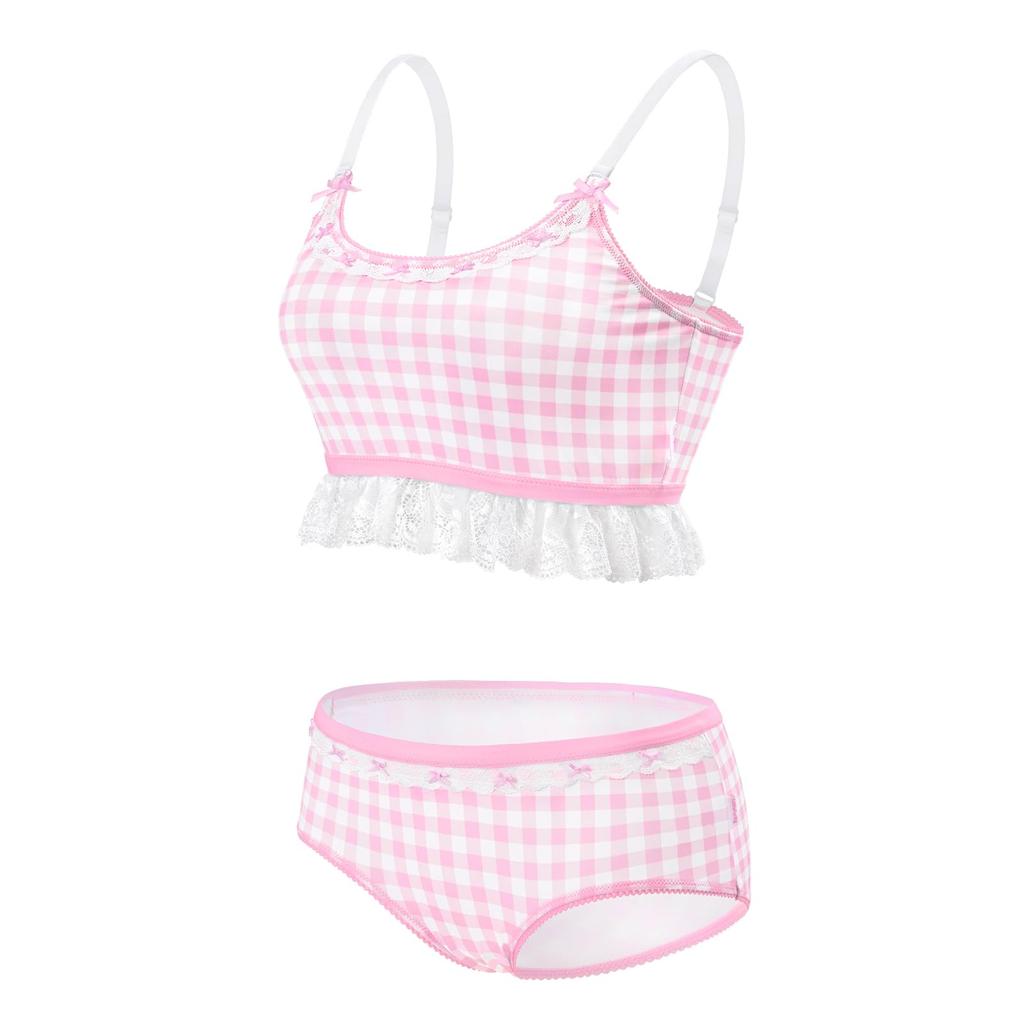 Bralette Set Smooth and Silky Like Camisole and XXXXL [LittleForBig] Women's 2-Piece (Gingham Lolita) - Milk, Panties, Pink,
