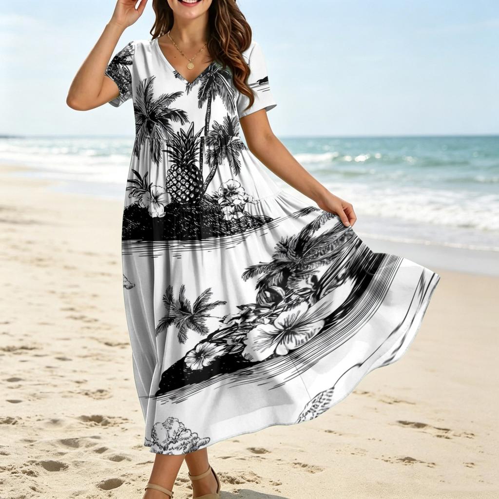 Robe longue à fleurs style bohémien pour femmes, décontractée, ample, manches courtes, longue, Maxi, robe de plage, été