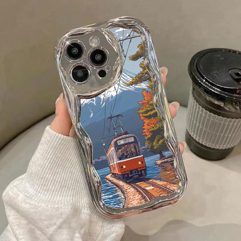 

Чехол Curvy Wave с серебряным покрытием для iPhone 16 Pro 15 14 13 Pro Max 12 11 с рисунком мультяшного поезда, мягкая задняя крышка из ТПУ с гальваническим покрытием iPhone 11