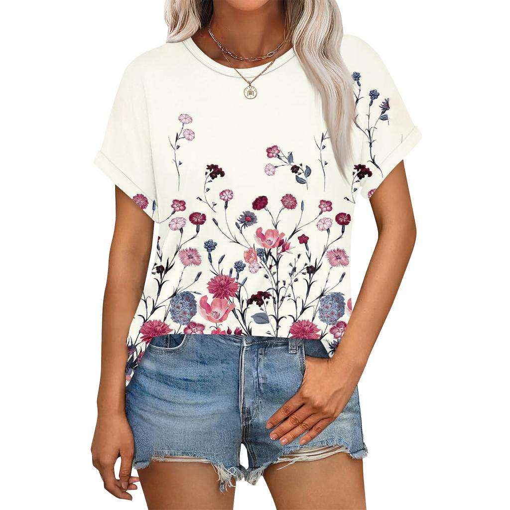 Women's Casual Fashion Round Neck Rolled Hem Short Sleeve Floral Top