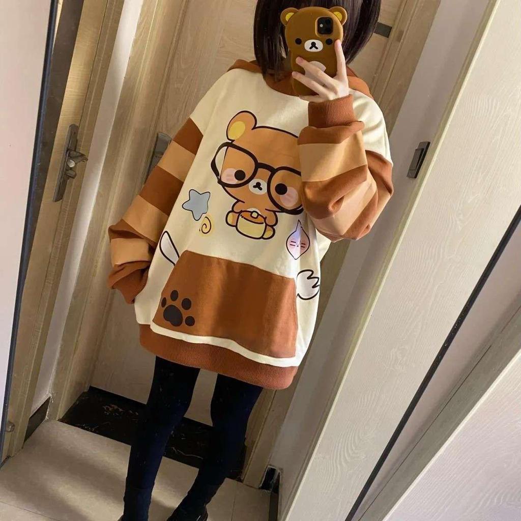 Fleecegefüttertes Kawaii Sweatshirt - Soft Girl Otaku Stil mit Rilakkuma Brillen Design