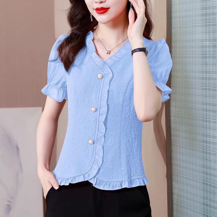 

Рубашка из шифона с V-образным вырезом и рукавами-фонариками для женщин, летняя, с рисунком дерева, универсальная, с короткими рукавами XL синий