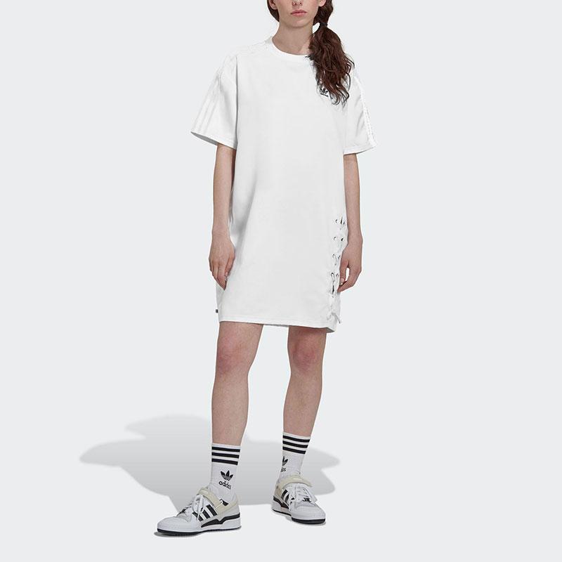 Adidas Originals Side Stripe Tie Round Neck Short Sleeve Dress Women Dress White HK5080