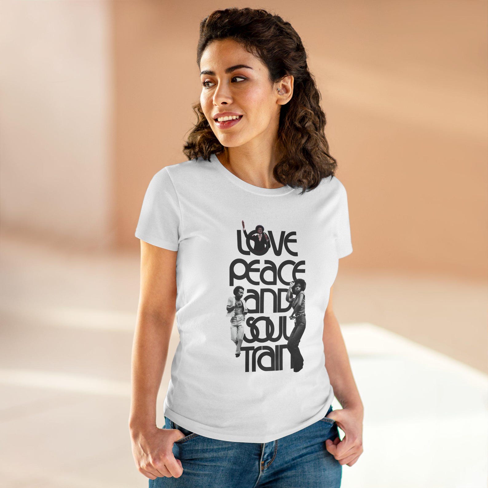 Love Peace Soul Train Boogie Dance Music Women s White T-Shirt Size S to 2XL 4XL
