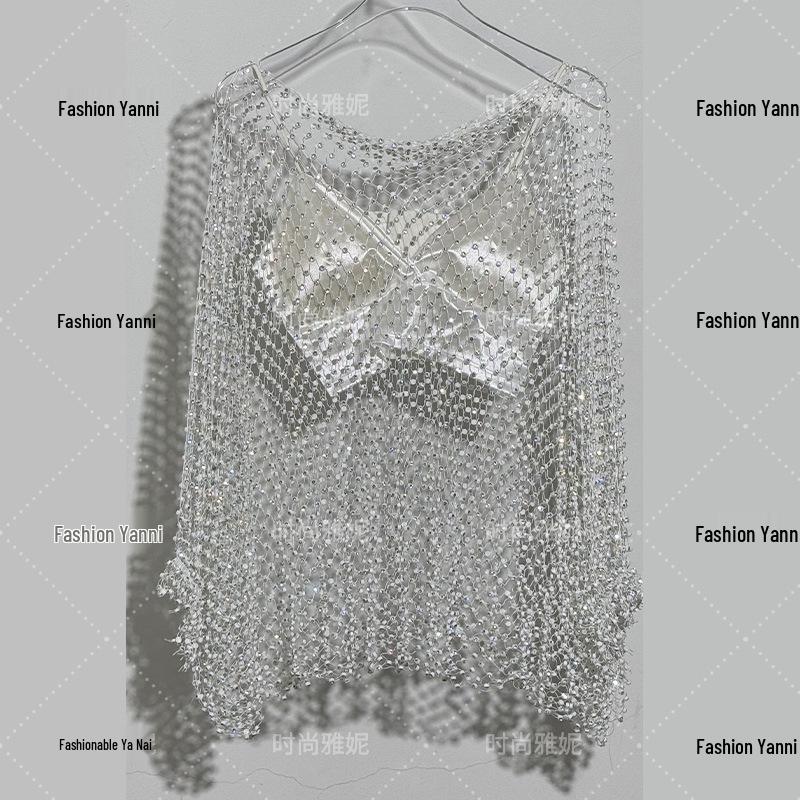 Yanni Rhinestone Mesh Cover-up: Sexy Hot Girl Long Sleeve Bandeau Camisole