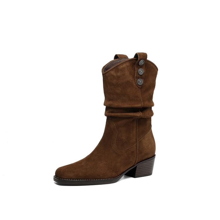 

Retro matte leather pointed pleated piled boots women s 2025 autumn and winter new versatile comfortable thick heel platform short boots women 39