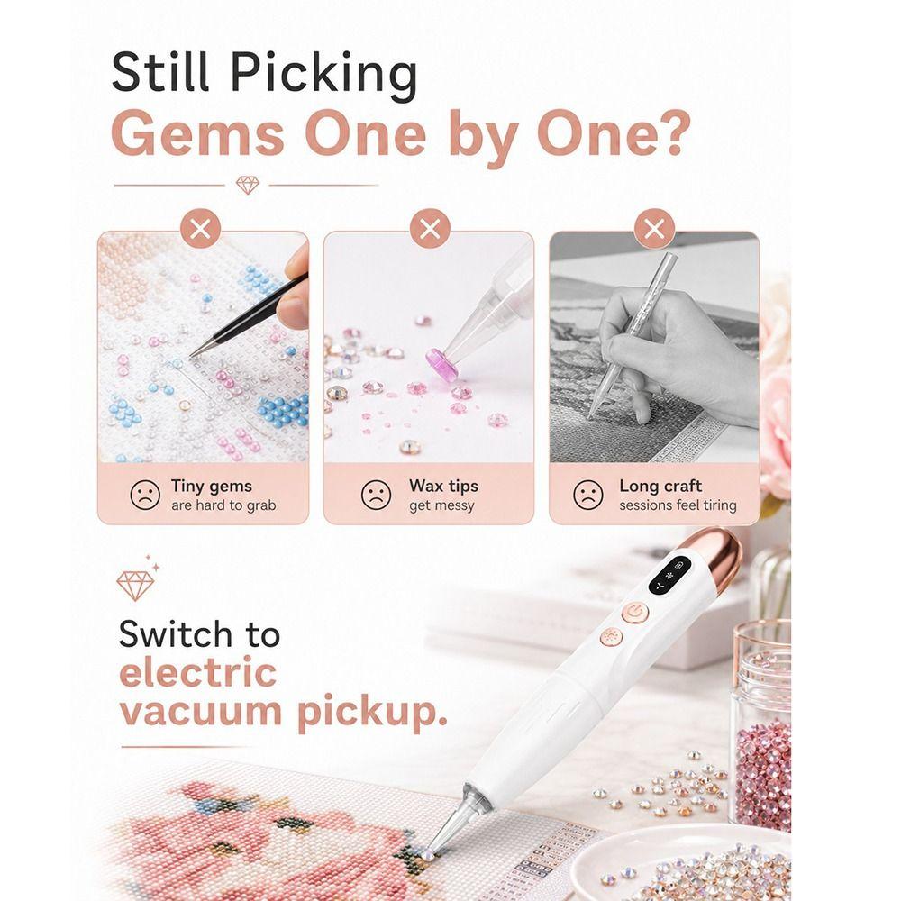 2 Suction Levels Wireless  Art Tool LED Light Rhinestone Applicator Pen  Detail Work