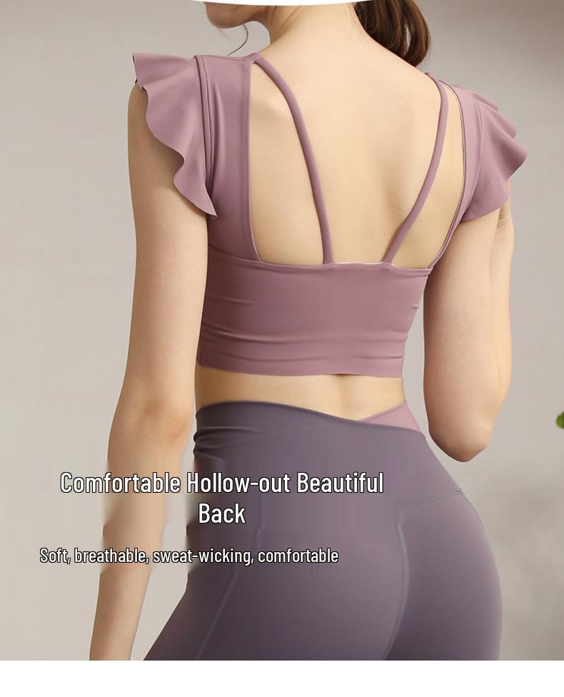 Women's Summer Yoga Top with Chest Pads - Lotus Leaf Short Sleeve for Fitness & Training