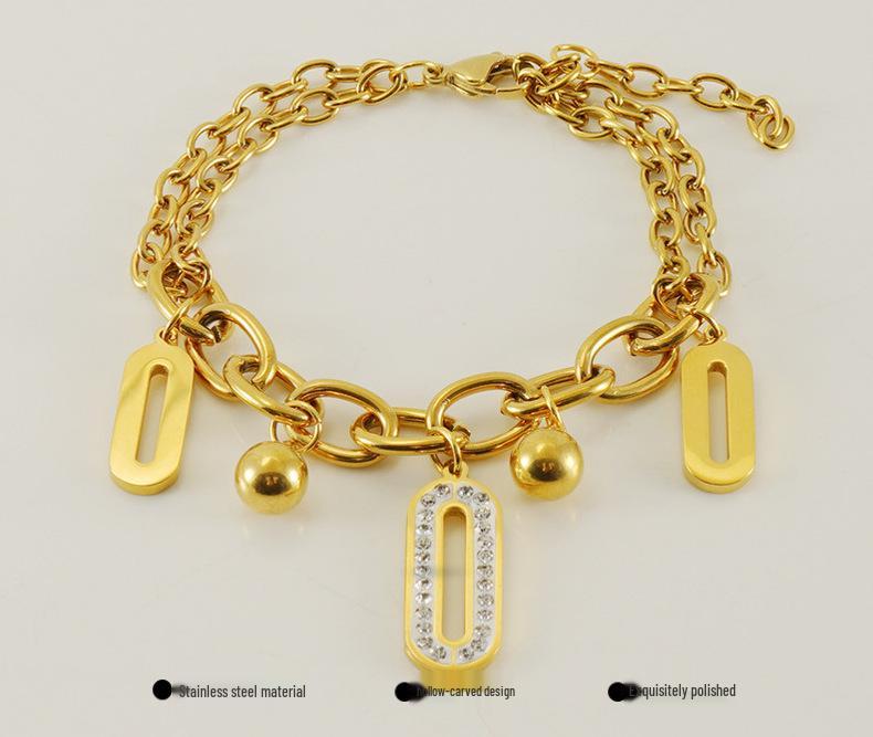 18K Gold-Plated Stainless Steel Double-Layer Oval Diamond Bracelet for Women - Niche Fashion Stackable Jewelry.