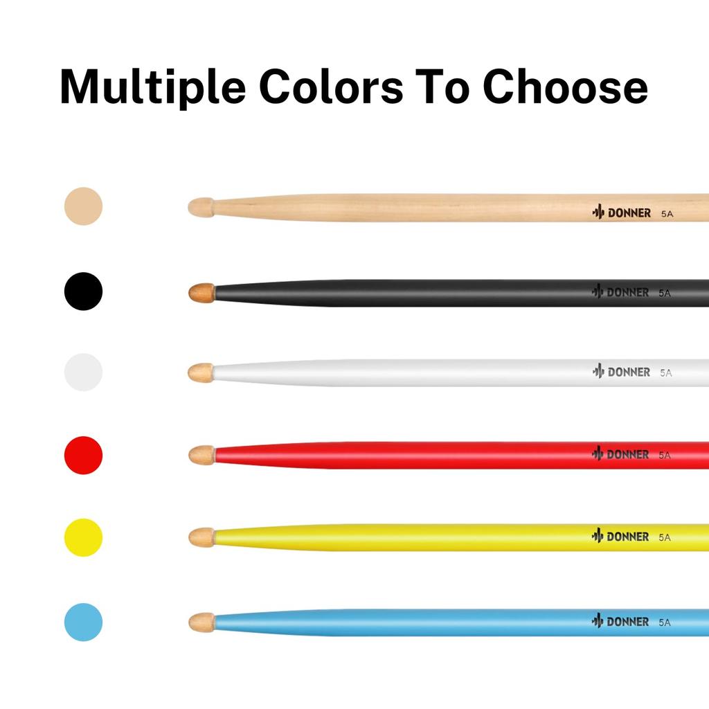 Donner 5A Maple Drum Snare Percussion Practice Sticks for Includes Birthday Gift Drumsticks, 3-Pair Set, Wood, Pad, Drum, Sticks, Beginners, Bag,