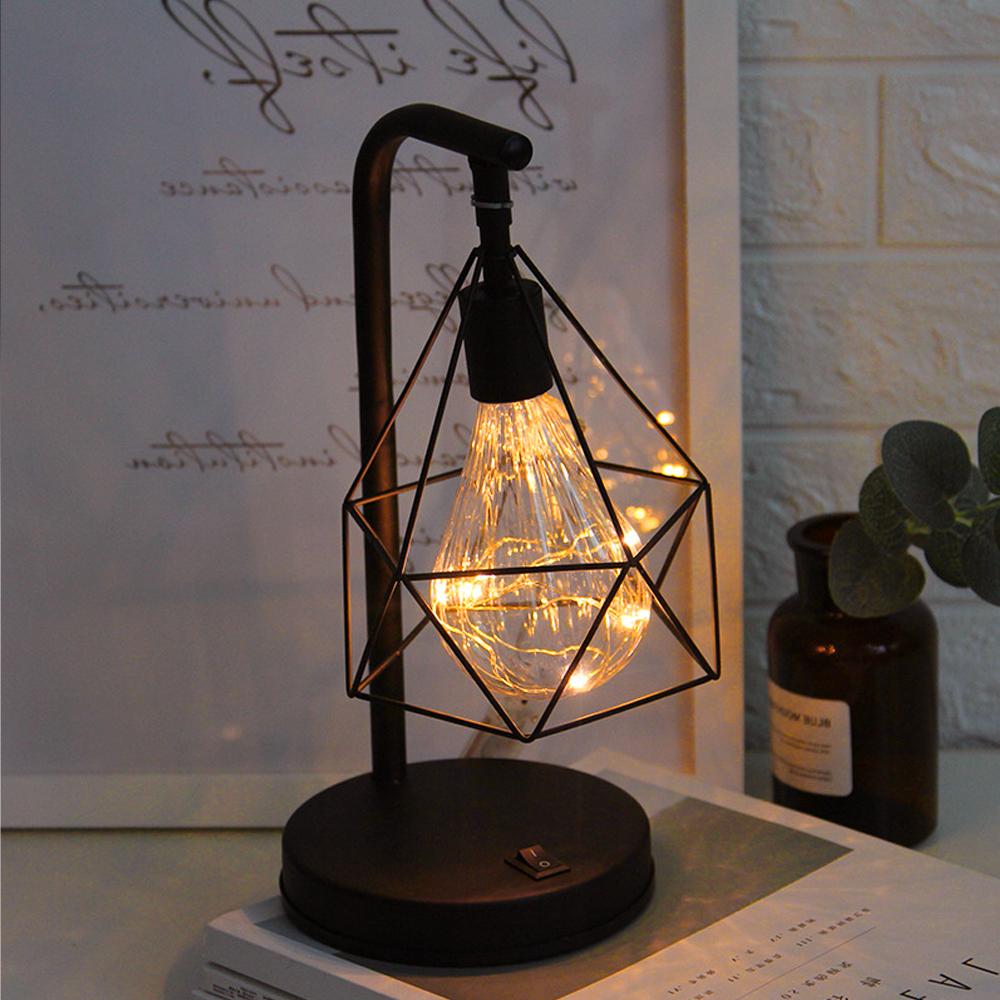 Retro Iron Art LED Night Light Geometric Desk Lighting Bedside Lamp Classic Iron Home Living Room Coffee Bar Decor Ambience Lamp